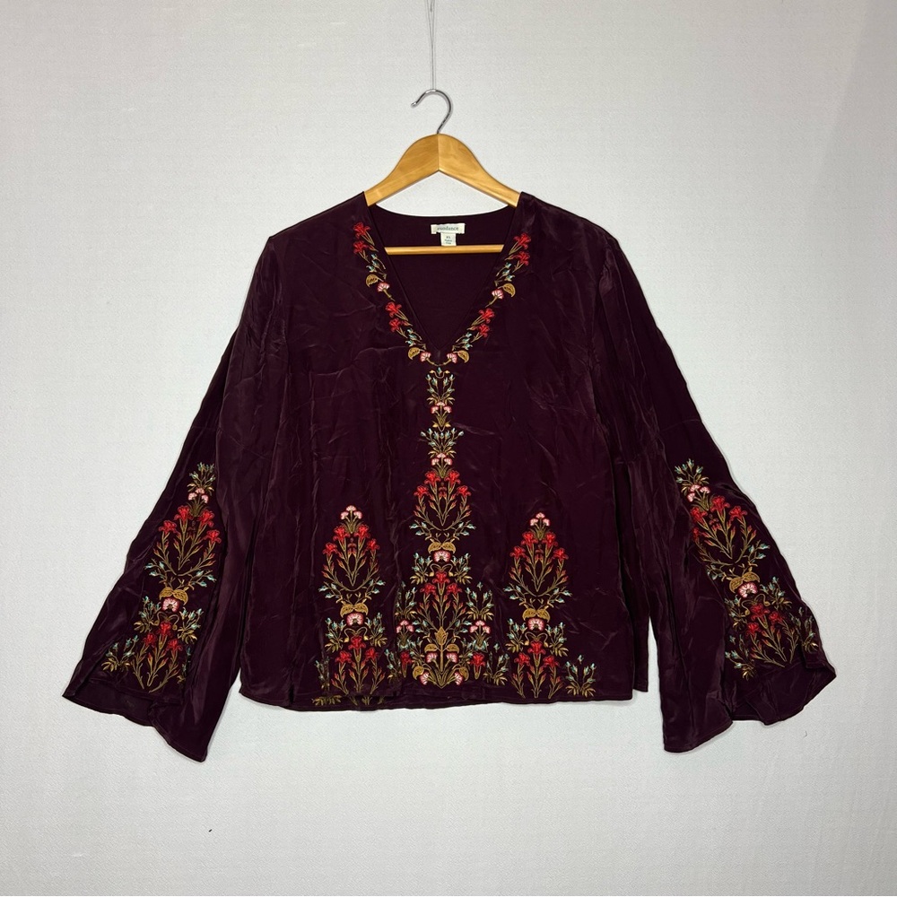 Sundance Floral Maroon Embroidered Bell Sleeve Viscose Women’s Blouse Size XS